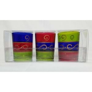New 3 Piece Glass Votive Candle Set Red Blue Green with Copper Swirl Print
